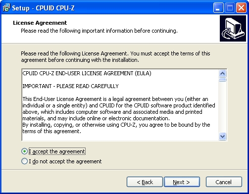 CPU-Z Agreement Screen