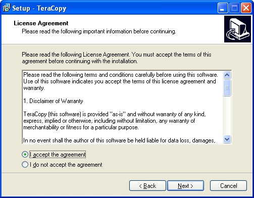teracopy license agreement screen