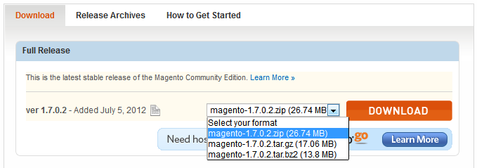 เลือกประเภทไฟล์ติดตั้งของ magento ที่ต้องการ