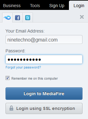 แบบฟอร์มสำหรับเข้าสู่ระบบ mediafire