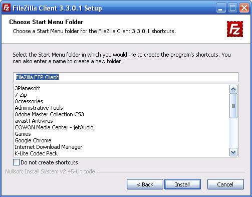 filezilla choose start menu folder